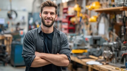 Obraz premium A confident young man smiling in a workshop, showcasing craftsmanship and a passion for his trade.