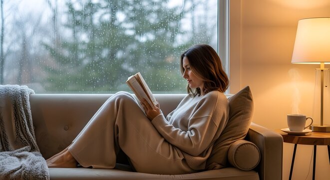 Woman relaxing, reading by window on rainy day, Cozy, Home, Lifestyle, Indoor, Relaxation, Comfort - Powered by Adobe