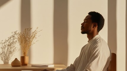 Calm African American man relaxing indoors with dried flowers