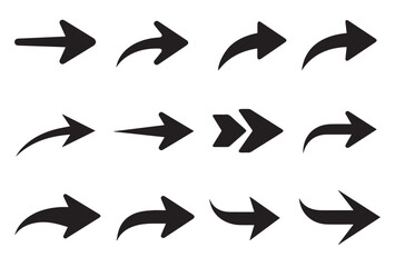 Collection of black arrow icons with dynamic curves, isolated on white background, vector flat style