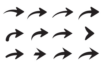 Collection of black arrow icons with dynamic curves, isolated on white background, vector flat style