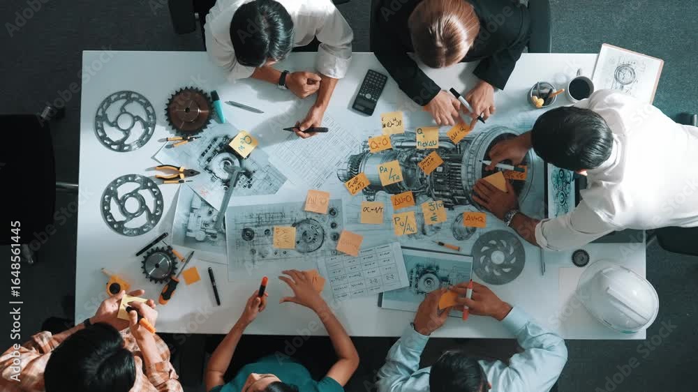 Poster top view of smart engineer team in casual cloth talking about turbine engine structure at table with