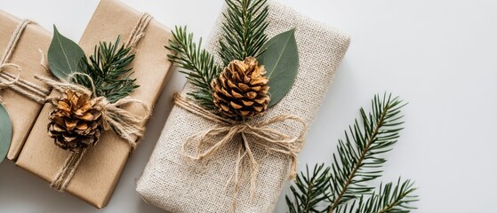 Wrapped gifts with natural decorations