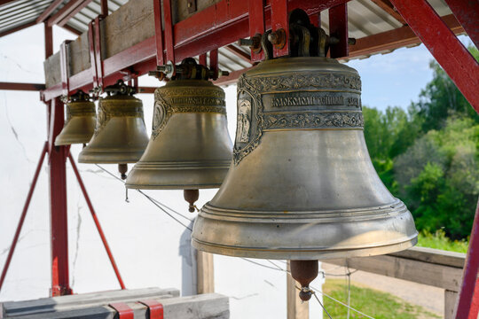 A close-up view of the bells of the Cathedral of Our Lady of Smolensk in Olonets, Karelia