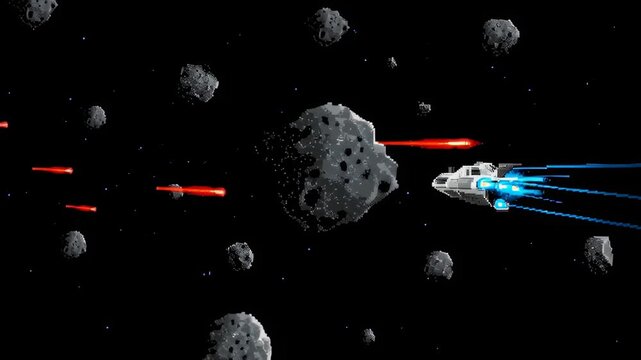 Video game screenshot of a spaceship fighting in space amidst asteroids and laser fire.