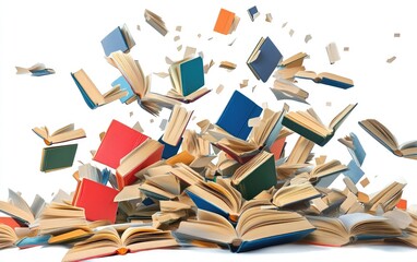 Many open books flying and falling in a chaotic explosion of knowledge and learning