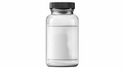Clear transparent supplement jar with black ribbed cap and blank label on isolated white background