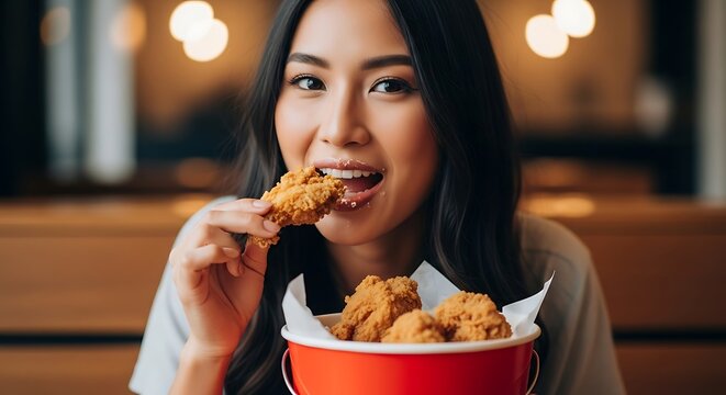 Joyful indulgence: Asian woman relishing crispy fried chicken bucket with pleasure and happiness - Powered by Adobe