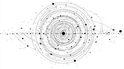 Abstract illustration of circular patterns and dots, creating a cosmic or astronomical effect in black and white.