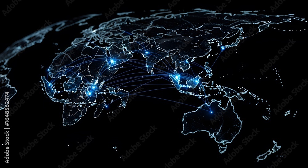 Poster abstract representation of global network connections, global communication, data flow, digital tech