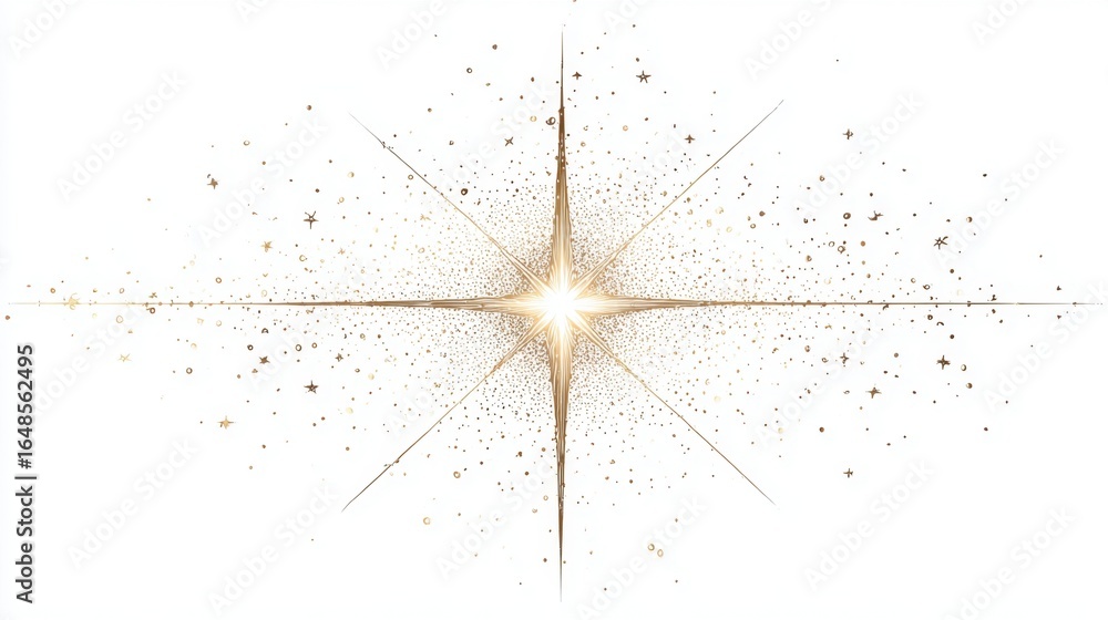Poster a radiant starburst design with golden accents, surrounded by shimmering particles, creating a celes