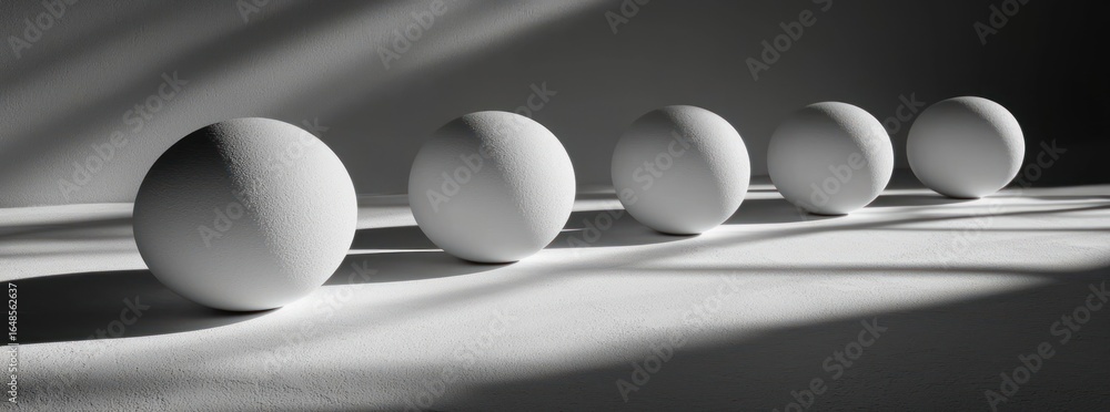 Poster monochrome composition of spherical objects in a row with textured surfaces and dramatic lighting