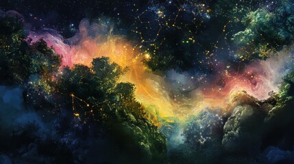 Obraz premium Abstract cosmic nebula with trees in a dreamlike setting