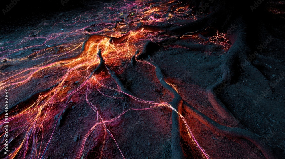 Poster a mesmerizing view of illuminated roots intertwining with vibrant colors against a dark background, 