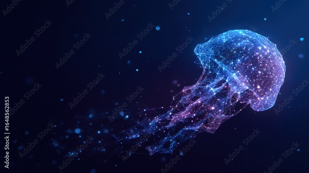 Poster a digital representation of a jellyfish, composed of glowing particles, creating a mesmerizing effec