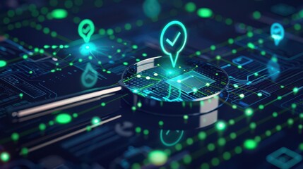 Close up of glowing check mark icons on a circuit board with a reflective surface and green lights