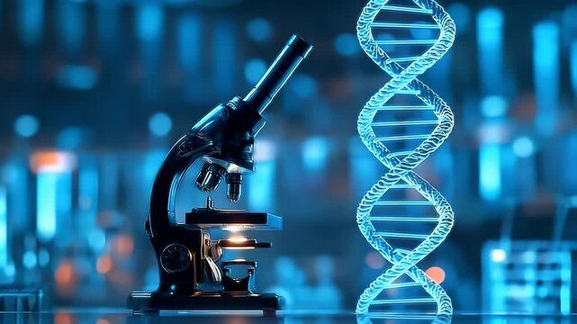 Photo of a microscope and DNA double helix in the laboratory, with blue lighting for a DNA Instagram post background.