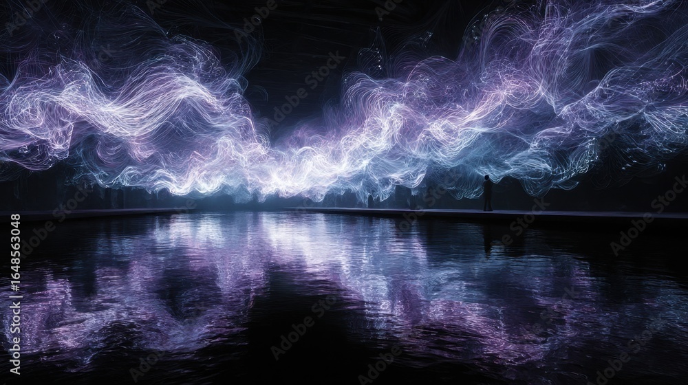 Poster a mesmerizing display of swirling lights above a reflective surface, creating an ethereal atmosphere