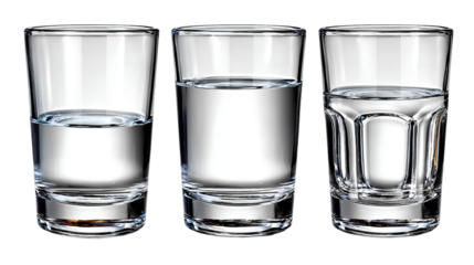 Shot Glasses: A clear array of shot glasses sit side-by-side, showcasing a range of liquid levels, inviting viewers to consider the simple beauty of clear glass and refreshment.