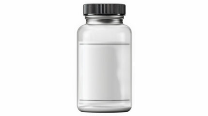 Front view of clear plastic supplement jar with black cap and white label minimal branding mockup