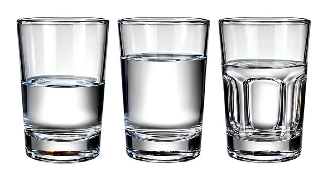 Shot Glasses: A clear array of shot glasses sit side-by-side, showcasing a range of liquid levels, inviting viewers to consider the simple beauty of clear glass and refreshment.