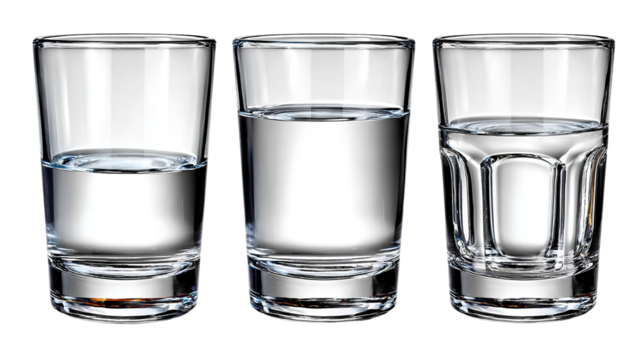 Shot Glasses: A clear array of shot glasses sit side-by-side, showcasing a range of liquid levels, inviting viewers to consider the simple beauty of clear glass and refreshment.