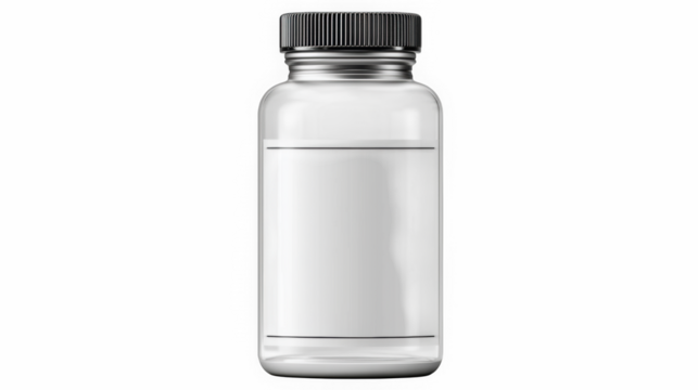Front view of clear plastic supplement jar with black cap and white label minimal branding mockup