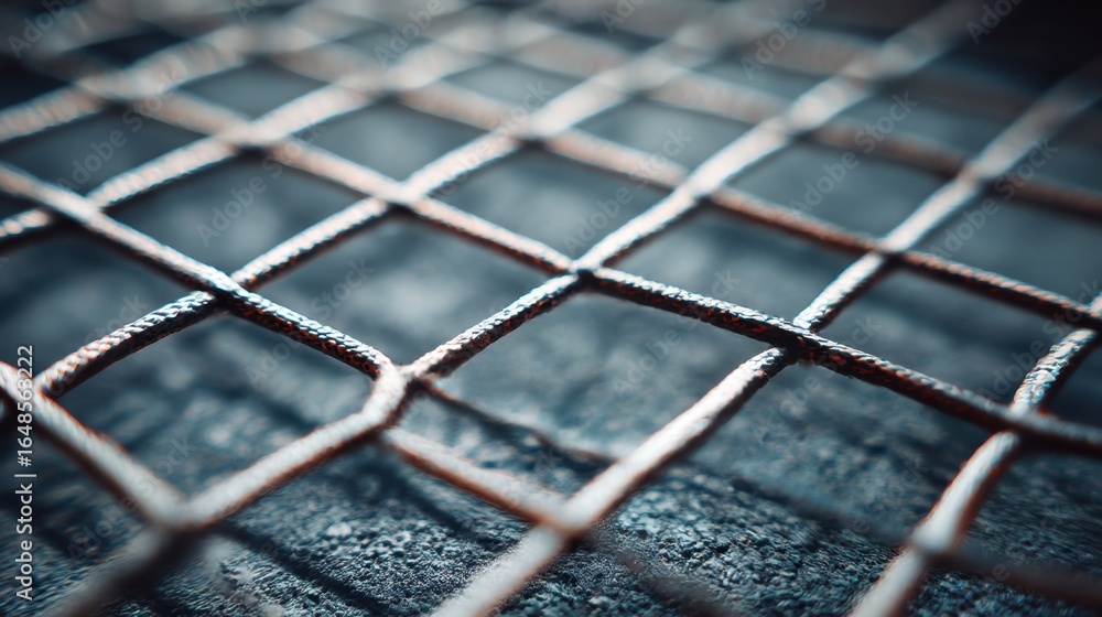Poster a close-up view of a rusted metal grid, showcasing its intricate pattern and texture against a dark 