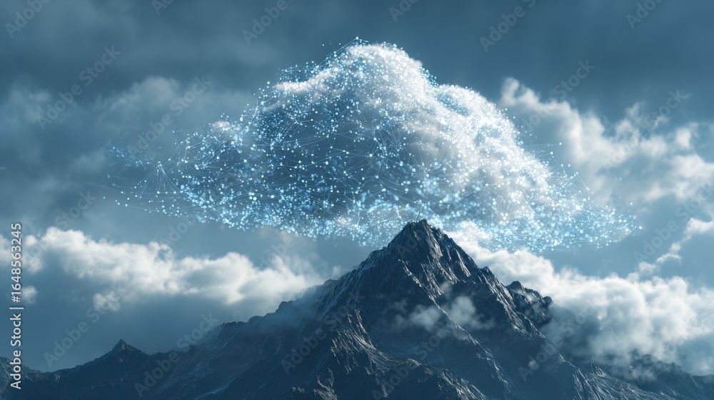 Poster a surreal mountain landscape with a digital cloud floating above, creating an ethereal and futuristi