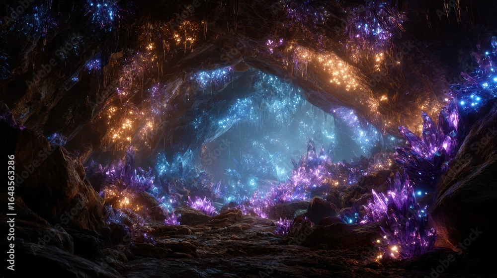 Poster a mystical cave illuminated by colorful crystals, creating a vibrant and enchanting atmosphere.