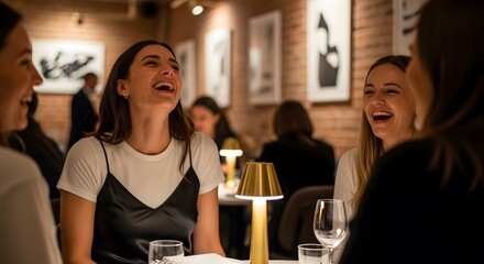 Joyful women sharing laughter and fun during dinner, Friends, Night Out, Restaurant Dining, Candid Moment, Socializing, Happiness, Group.