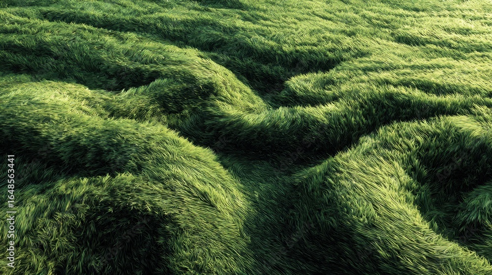 Poster an expansive field of lush green grass displays undulating waves, creating a serene and natural land