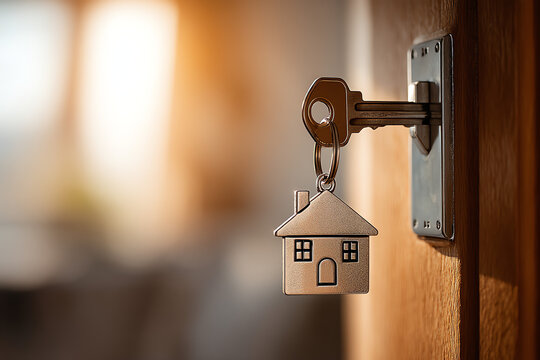 A key inserted in a door lock with a house-shaped keychain attached. - Powered by Adobe