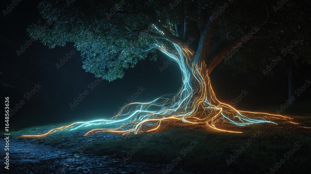 Poster a glowing tree with vibrant, illuminated roots extending across a dark landscape, creating a magical