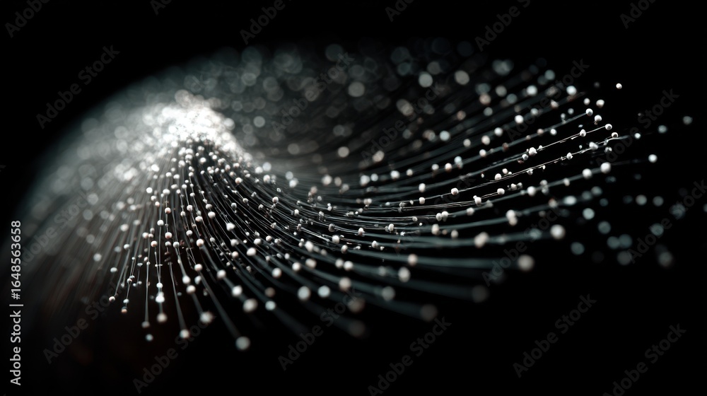 Poster a mesmerizing wave of light particles against a dark background, creating a dynamic, ethereal effect