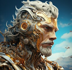 A handsome knight in golden armor, with short wavy hair and brown eyes, standing under a blue vaulted ceiling with gold leaf, in the style of fantasy art.