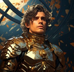 A handsome knight in golden armor, with short wavy hair and brown eyes, standing under a blue vaulted ceiling with gold leaf, in the style of fantasy art.