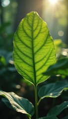 Obraz premium Sunlit leaf glowing in serene forest during daytime