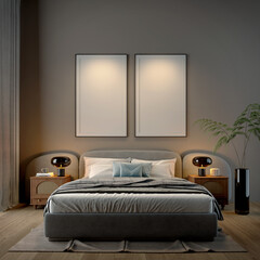 Dark bedroom with lighting and blank picture frame in modern style interior. 3d rendering