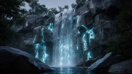 Fototapeta premium A stunning waterfall cascades over rocky cliffs, illuminated by glowing blue accents, surrounded by lush greenery, creating a serene and mystical atmosphere.
