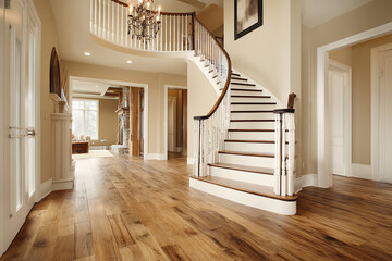 Elegant curved wooden staircase with white balusters in a spacious home interior with hardwood flooring and warm neutral walls.