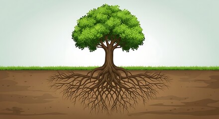 Illustration of a lush tree showing above and below ground root system network