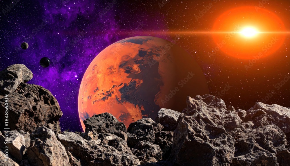 Poster panoramic view of pixelated planet and asteroid field