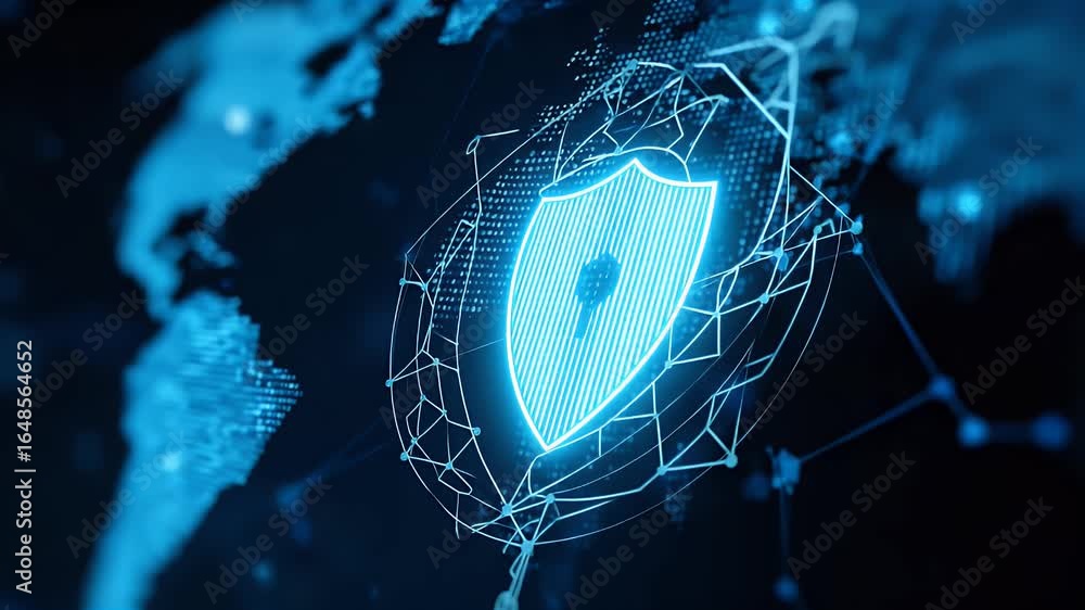 Poster digital technology on a blue background with a digital shield symbol and a world map, representing o
