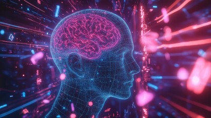 Digital representation of brain inside human head in abstract setting