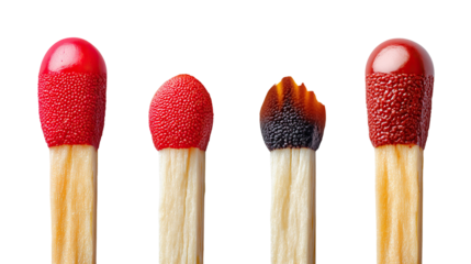 From Ignited to Ashes: A compelling close-up shows the life cycle of matches, emphasizing the stages from untouched readiness to a final burnt state.