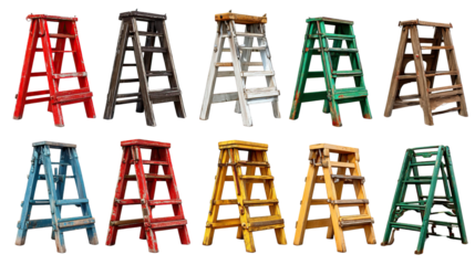 Colorful Ladders Showcase: A vibrant array of vintage ladders in diverse hues, illustrating tools of ascension and creativity for renovation or decorating.