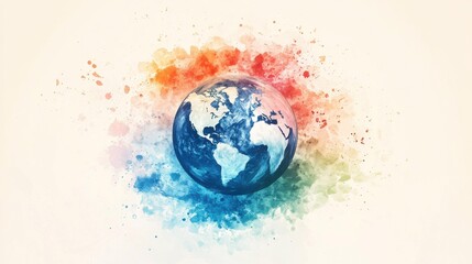 Colorful watercolor painting of Earth globe with abstract background