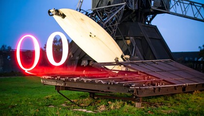 Red illuminated numbers '00' near a large, open, industrial structure at dusk