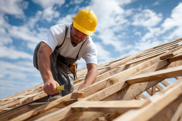 Construction worker wearing a yellow helmet is hammering wooden beams on a roof frame.